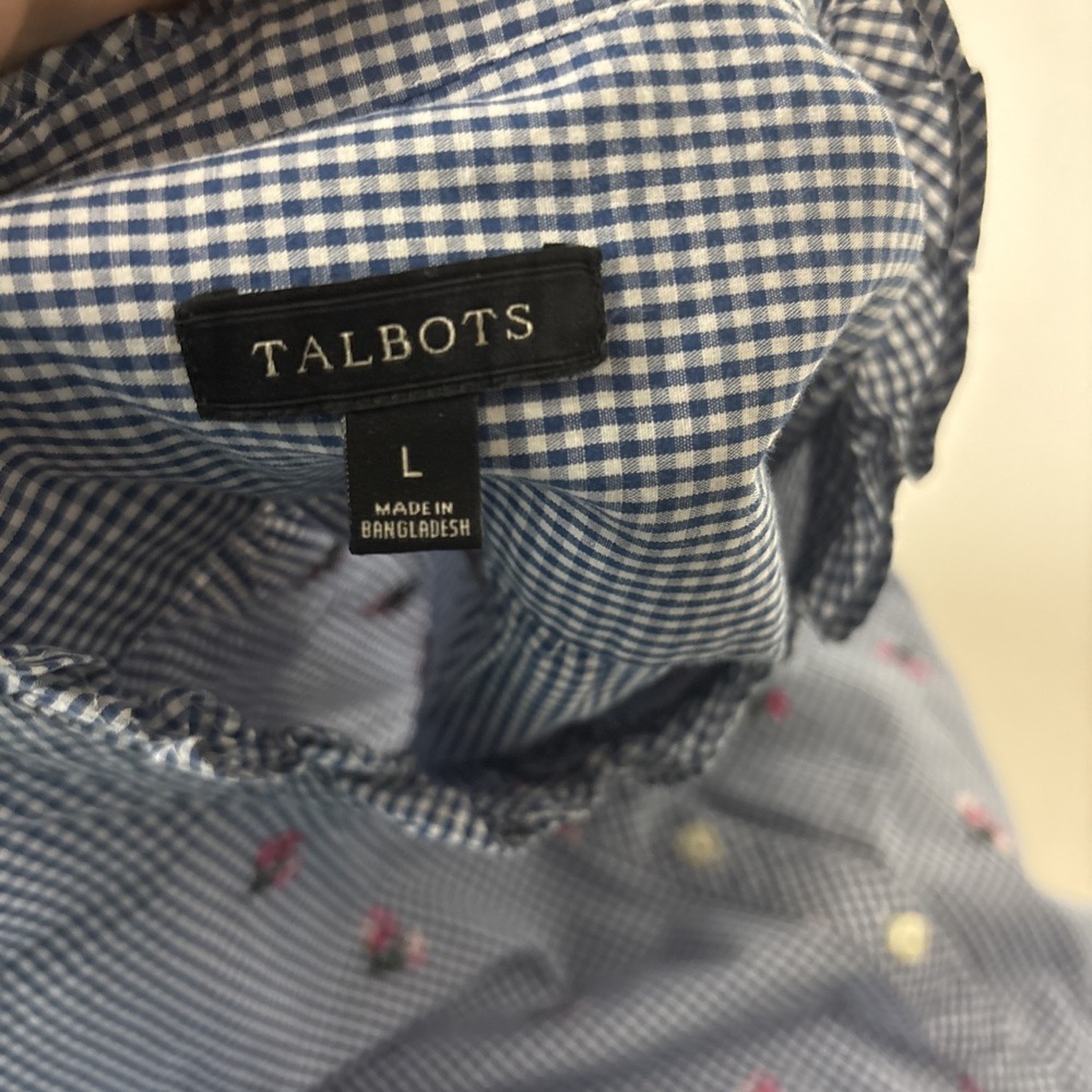 Talbots Shirt Womens L Blue Gingham Embroidered Floral Long Sleeve roll tab Top - Picture 6 of 9
